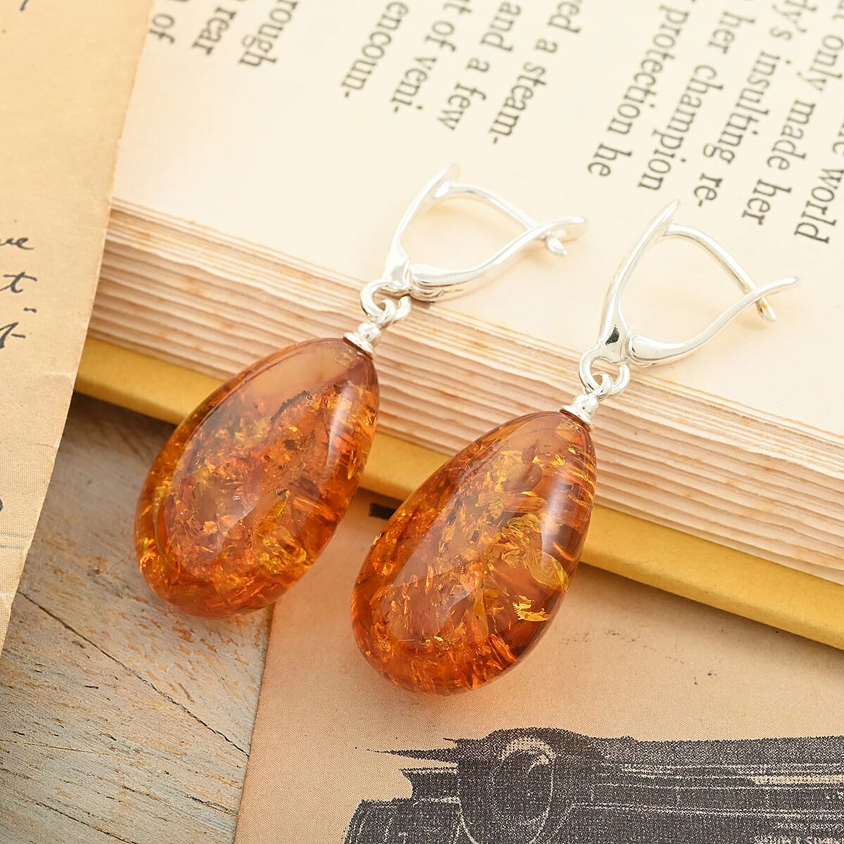 Baltic Amber Drop Earrings in Sterling Silver image number 1