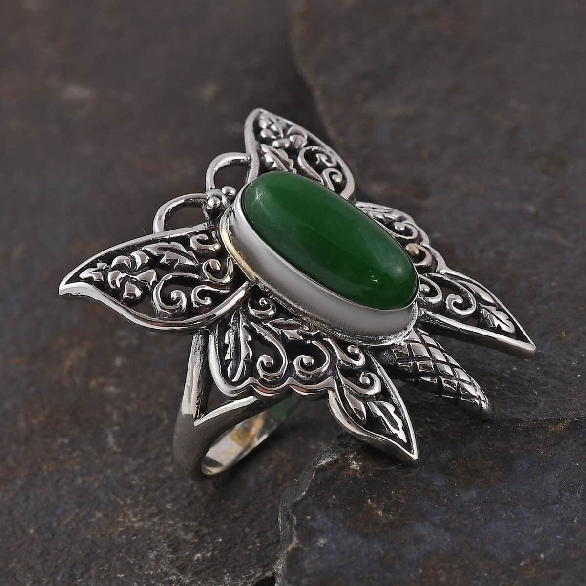 Bali Legacy Green Jade (D) Butterfly Ring in Sterling Silver (Size 6.0) 2.50 ctw image number 1