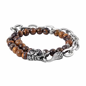 Yellow Tiger's Eye Beaded and Link Chain Double Layered Men's Dragon Bracelet in Silvertone and Stainless Steel (8.00 In) 117.50 ctw , Tarnish-Free, Waterproof, Sweat Proof Jewelry