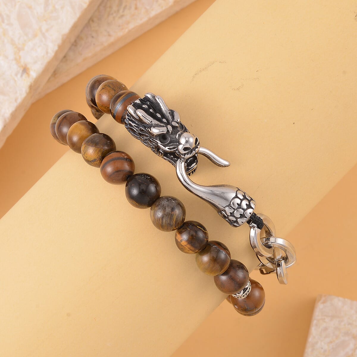 Yellow Tiger's Eye Beaded and Link Chain Double Layered Men's Dragon Bracelet in Silvertone and Stainless Steel (8.00 In) 117.50 ctw , Tarnish-Free, Waterproof, Sweat Proof Jewelry image number 1