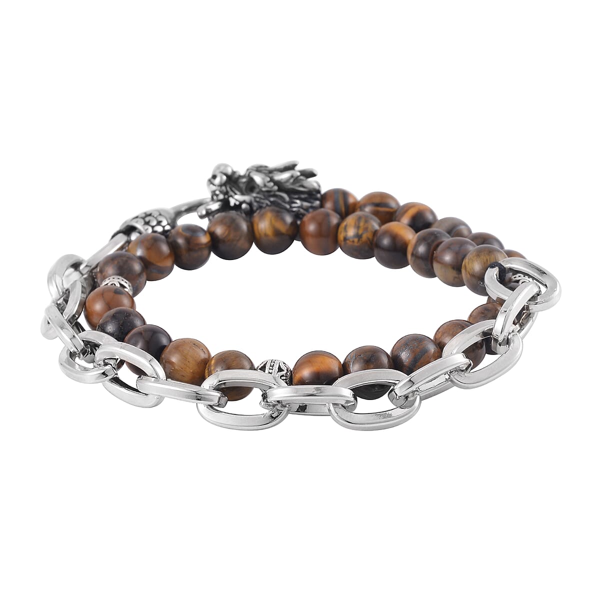 Yellow Tiger's Eye Beaded and Link Chain Double Layered Men's Dragon Bracelet in Silvertone and Stainless Steel (8.00 In) 117.50 ctw , Tarnish-Free, Waterproof, Sweat Proof Jewelry image number 2