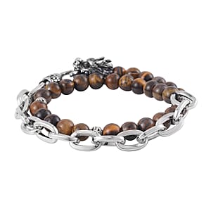 Yellow Tiger's Eye Beaded and Link Chain Double Layered Men's Dragon Bracelet in Silvertone and Stainless Steel (8.00 In) 117.50 ctw , Tarnish-Free, Waterproof, Sweat Proof Jewelry