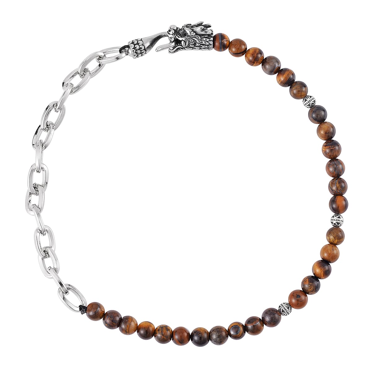 Yellow Tiger's Eye Beaded and Link Chain Double Layered Men's Dragon Bracelet in Silvertone and Stainless Steel (8.00 In) 117.50 ctw , Tarnish-Free, Waterproof, Sweat Proof Jewelry image number 3