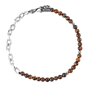 Yellow Tiger's Eye Beaded and Link Chain Double Layered Men's Dragon Bracelet in Silvertone and Stainless Steel (8.00 In) 117.50 ctw , Tarnish-Free, Waterproof, Sweat Proof Jewelry