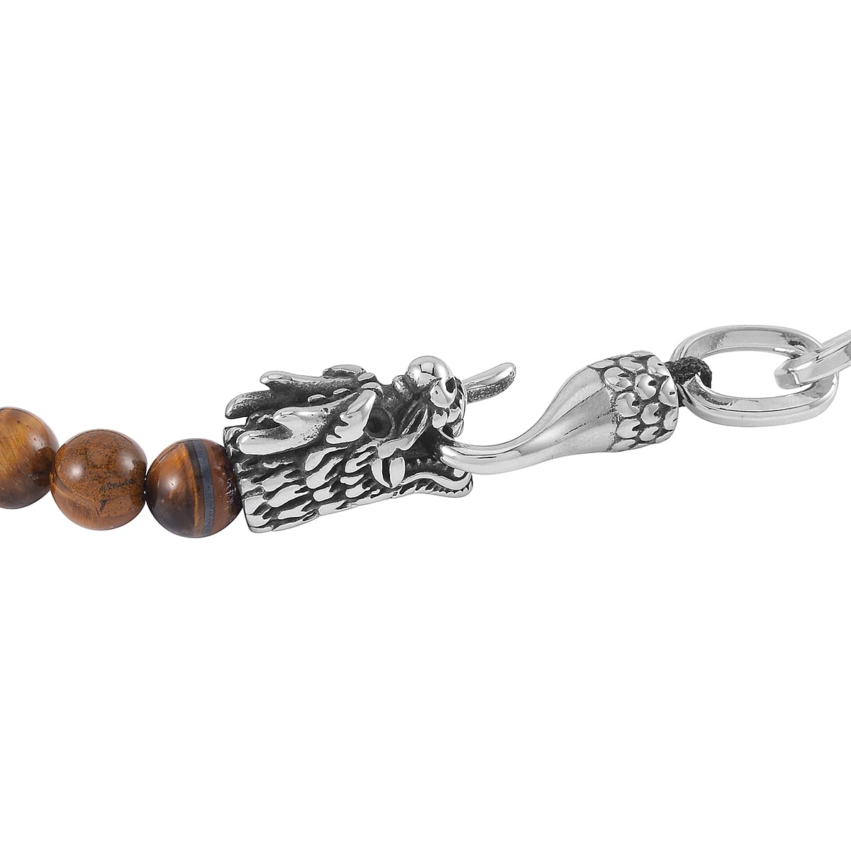 Yellow Tiger's Eye Beaded and Link Chain Double Layered Men's Dragon Bracelet in Silvertone and Stainless Steel (8.00 In) 117.50 ctw , Tarnish-Free, Waterproof, Sweat Proof Jewelry image number 4