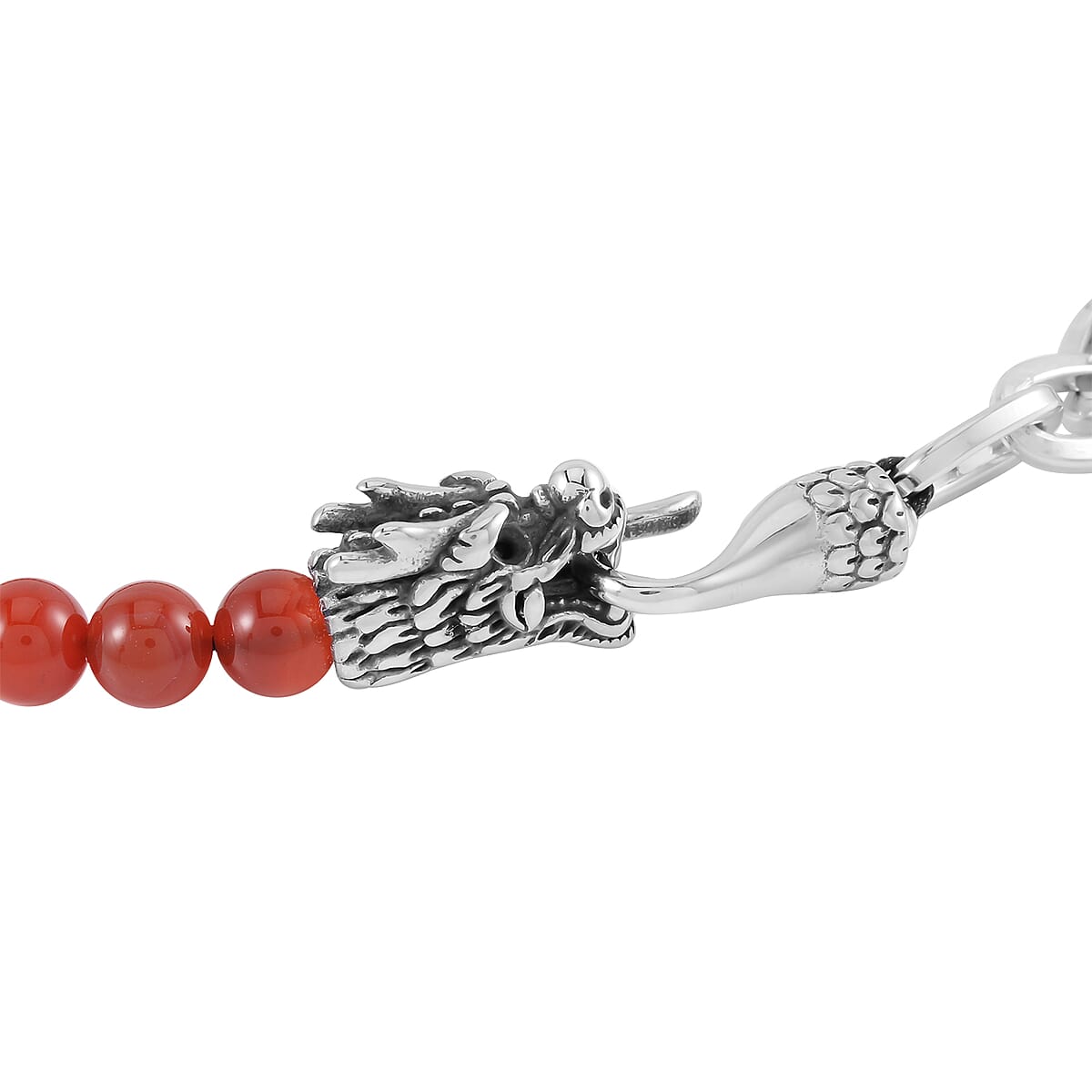 Red Agate Beaded and Link Chain Double Layered Men's Dragon Bracelet in Silvertone and Stainless Steel (8.00 In) 117.50 ctw , Tarnish-Free, Waterproof, Sweat Proof Jewelry image number 4