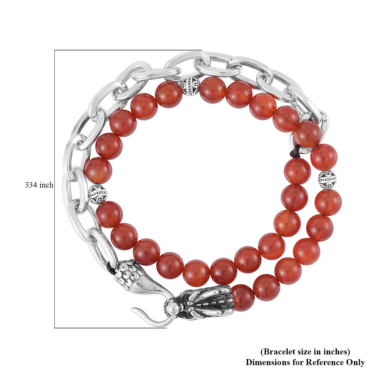 Red Agate Beaded and Link Chain Double Layered Men's Dragon Bracelet in Silvertone and Stainless Steel (8.00 In) 117.50 ctw , Tarnish-Free, Waterproof, Sweat Proof Jewelry image number 5