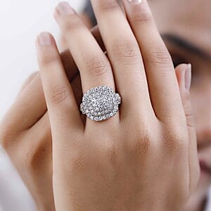 Simulated Diamond 4.41 ctw Cluster Ring in Platinum Over Sterling Silver (Size 9)