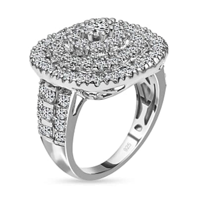 Simulated Diamond 4.41 ctw Cluster Ring in Platinum Over Sterling Silver (Size 9)