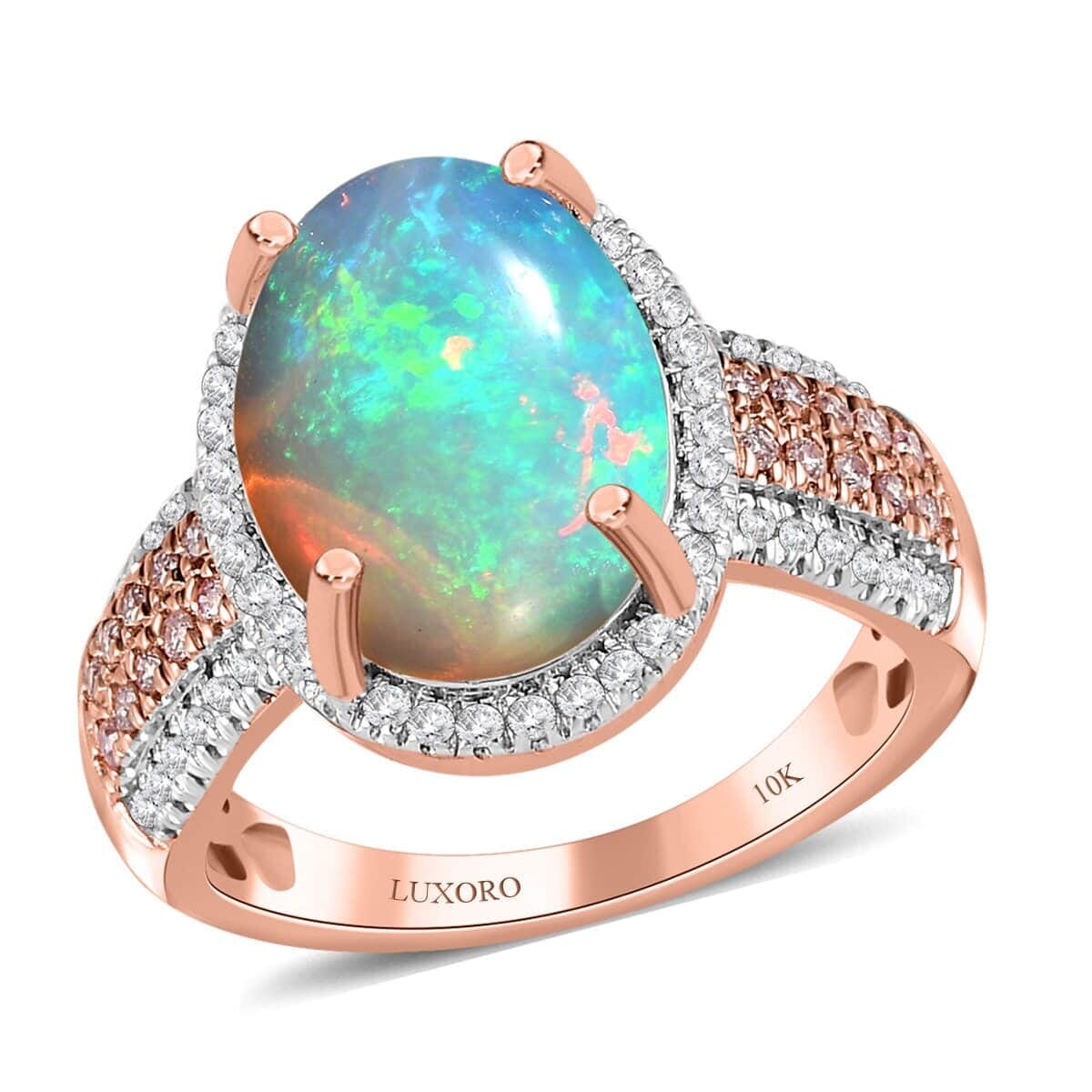 Luxoro 10K Rose Gold AAA Ethiopian Welo Opal, Natural Pink and White Diamond Ring (Size 7.0) 4.00 ctw image number 0