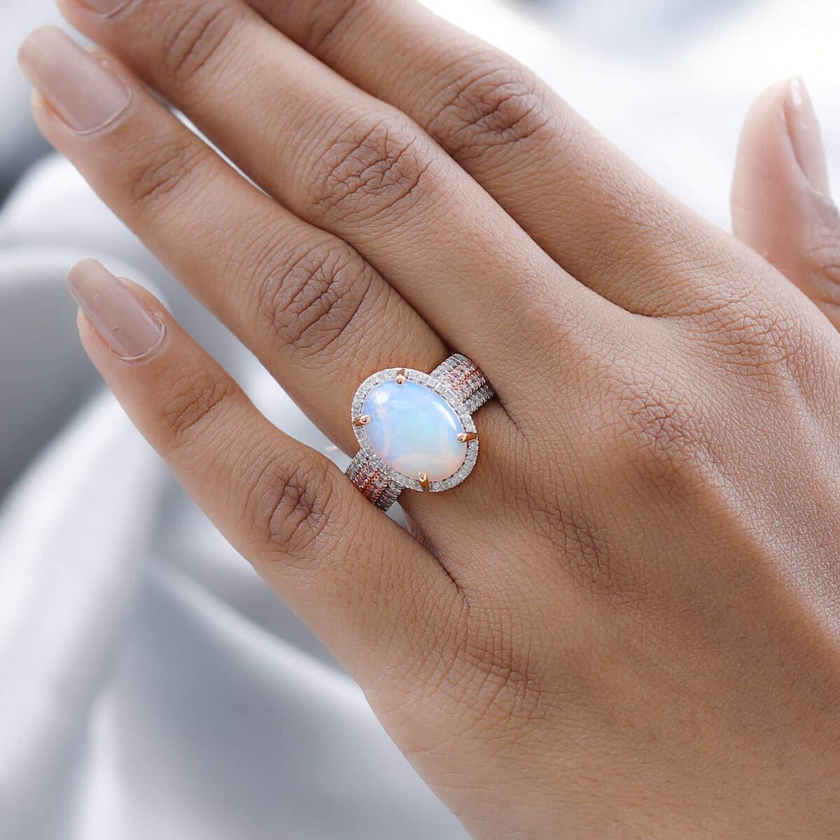 Luxoro 10K Rose Gold AAA Ethiopian Welo Opal, Natural Pink and White Diamond Ring (Size 7.0) 4.00 ctw image number 2