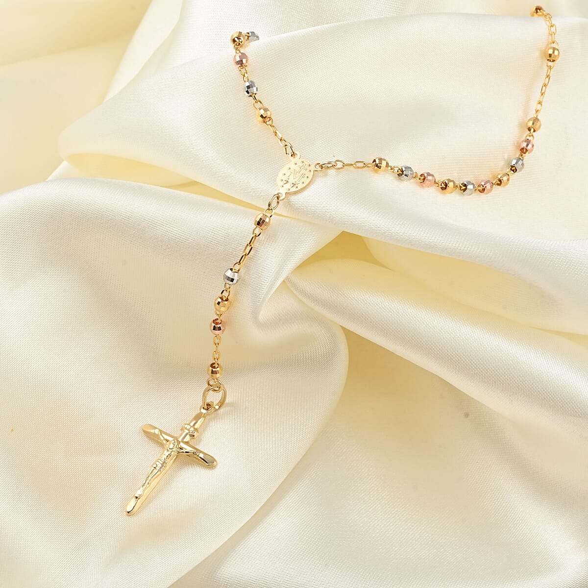 14K Yellow, Rose and White Gold Tri color Diamond-cut Beaded Rosary Necklace 17 Inches 7.85 Grams image number 1