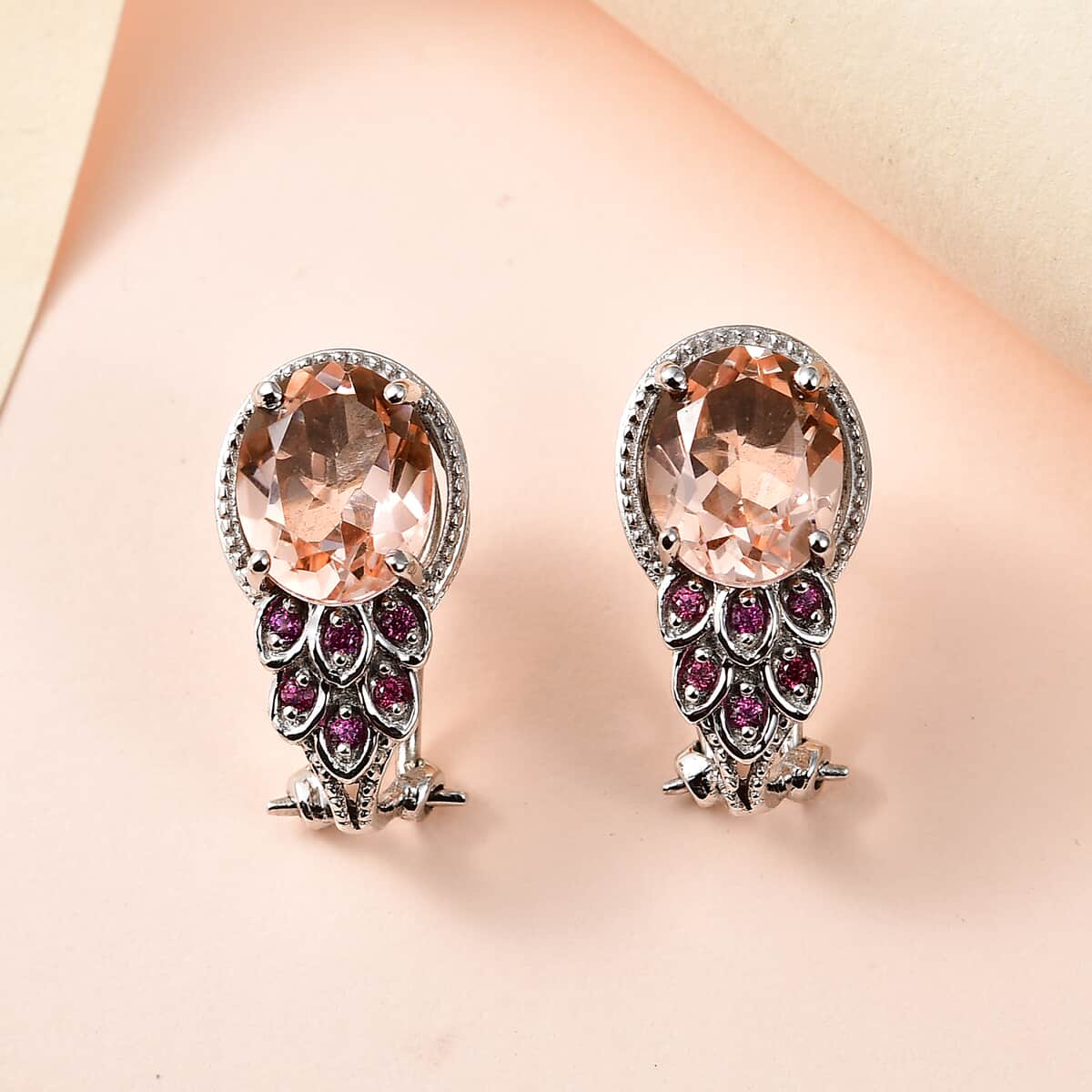 Morganique Quartz (Triplet) and Orissa Rhodolite Garnet Omega Clip Earrings in Platinum Over Sterling Silver 7.90 ctw image number 1