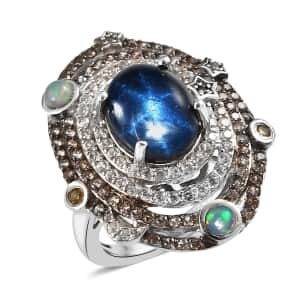GP Celestial Dreams Collection Blue Star Sapphire (DF) and Multi Gemstone Ring in Platinum Over Sterling Silver (Size 6.0) 7.35 ctw