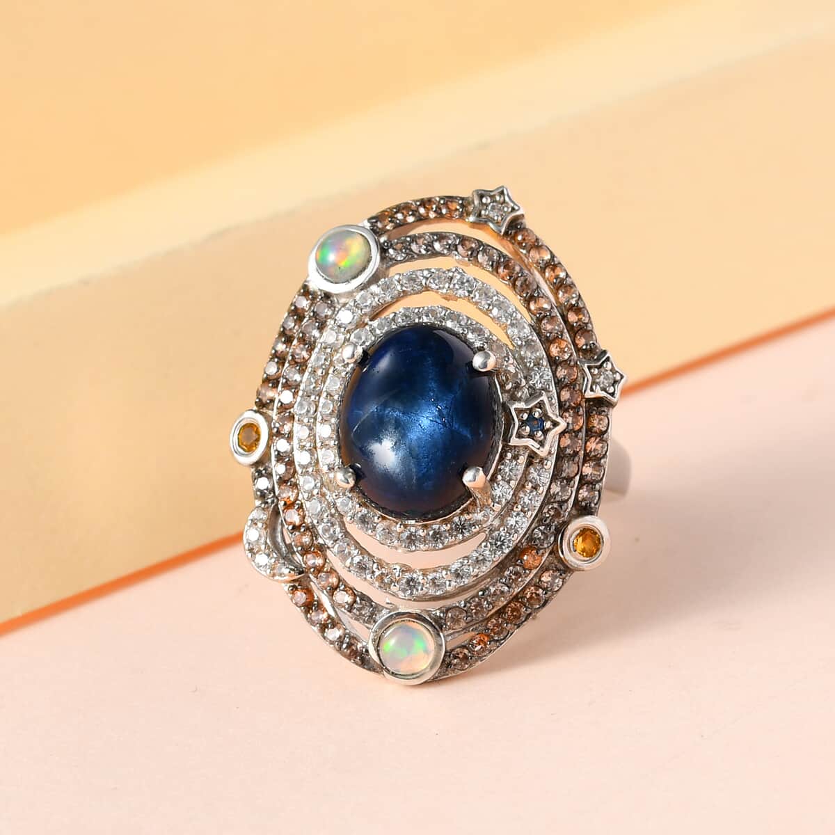 GP Celestial Dreams Collection Blue Star Sapphire (DF) and Multi Gemstone Ring in Platinum Over Sterling Silver (Size 6.0) 7.35 ctw image number 1