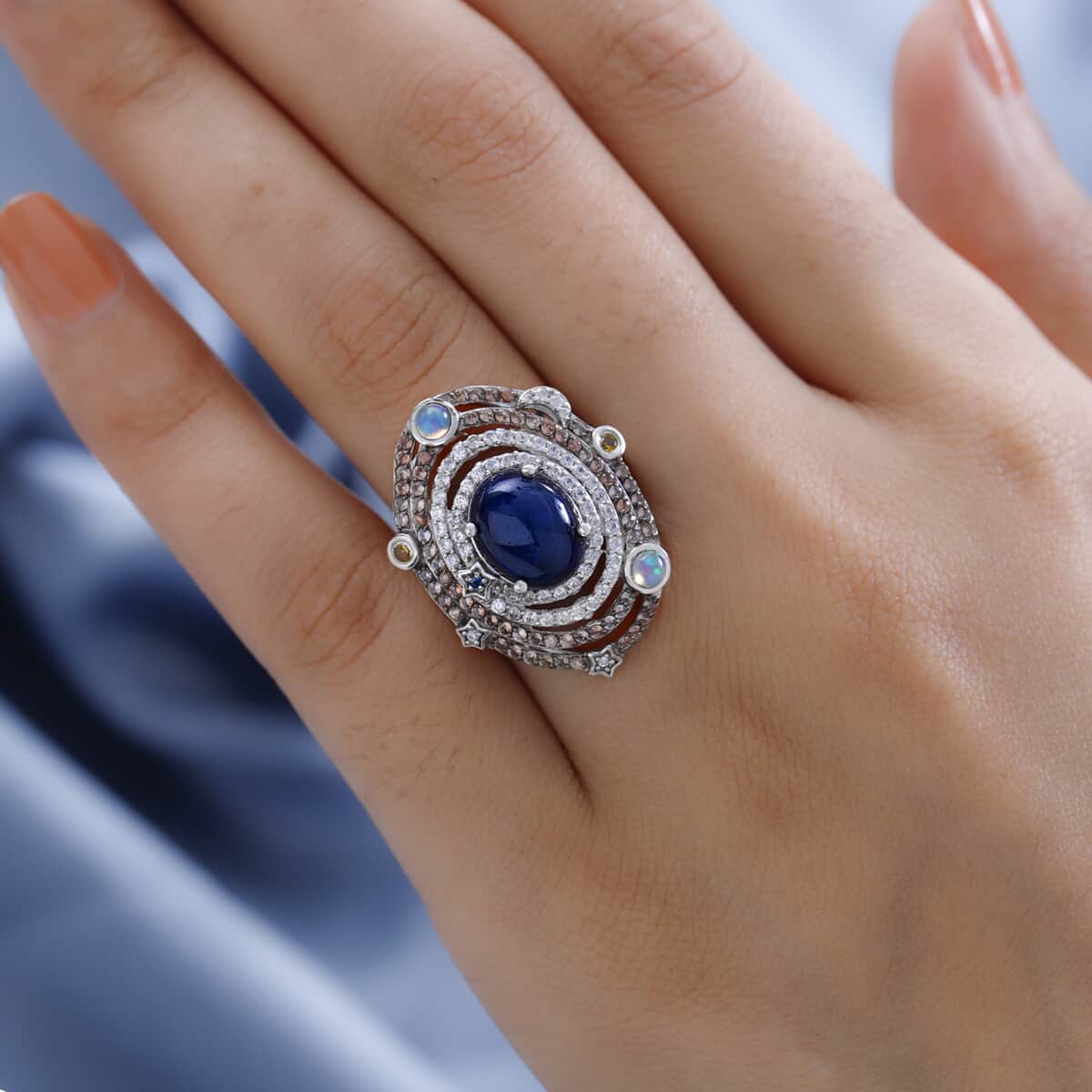 GP Celestial Dreams Collection Blue Star Sapphire (DF) and Multi Gemstone Ring in Platinum Over Sterling Silver (Size 6.0) 7.35 ctw image number 2