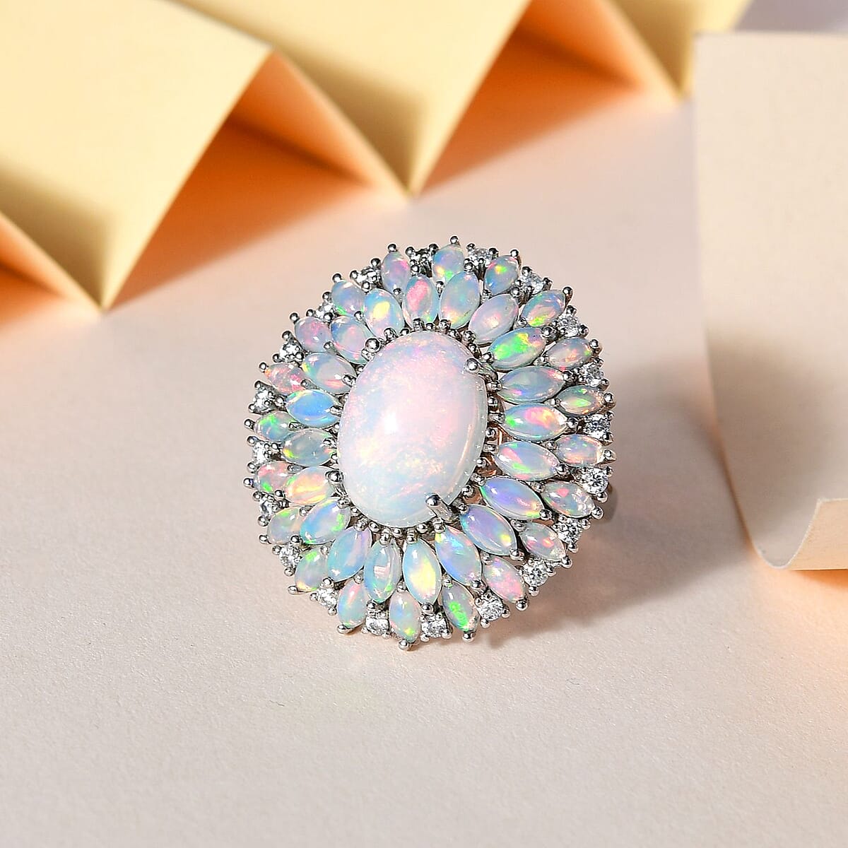 Premium Ethiopian Welo Opal and Moissanite Floral Ring in Platinum Over Sterling Silver (Size 10.0) 7.50 ctw image number 1