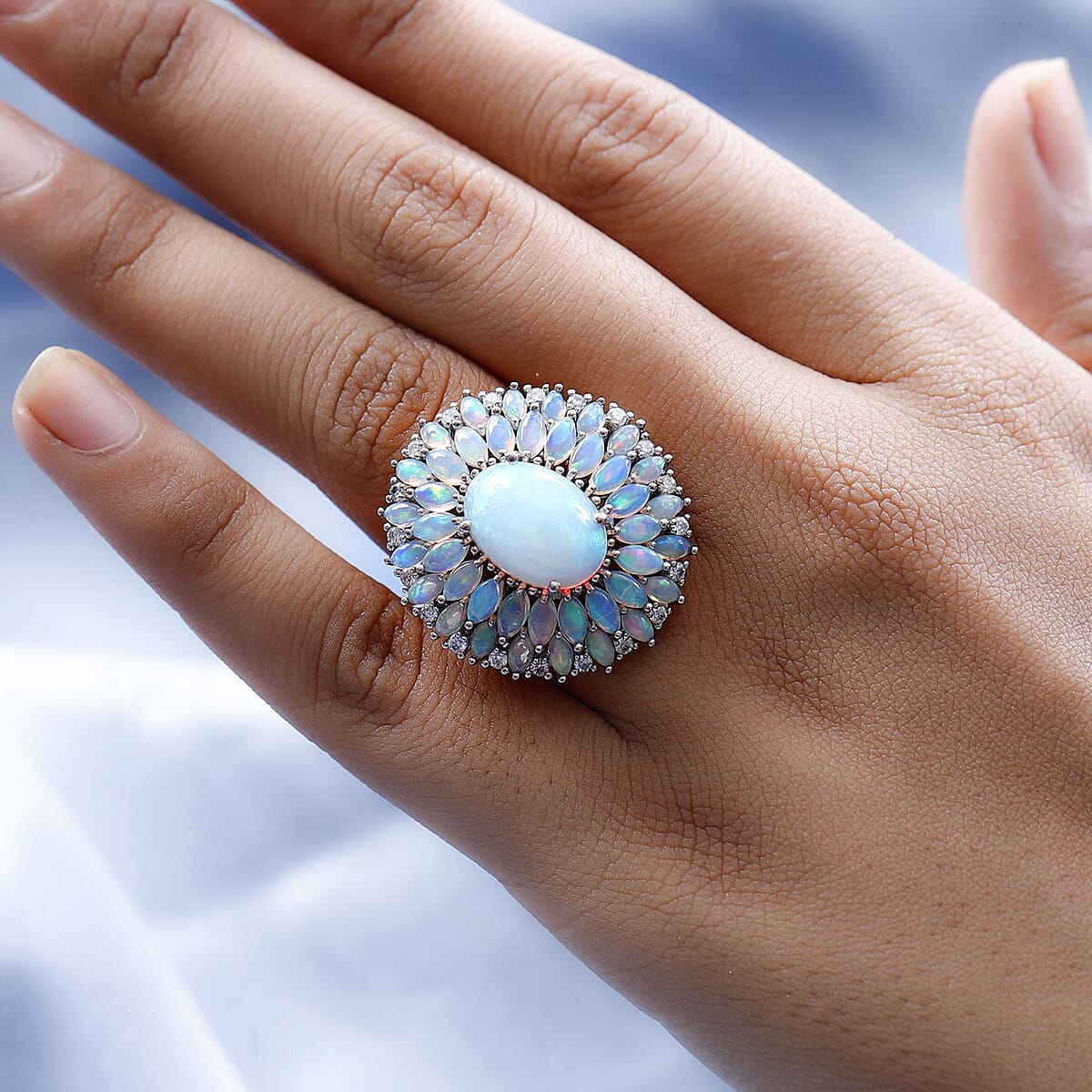 Premium Ethiopian Welo Opal and Moissanite Floral Ring in Platinum Over Sterling Silver (Size 10.0) 7.50 ctw image number 2