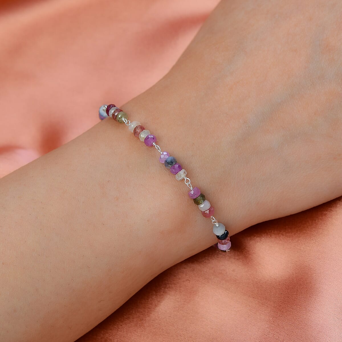 Multi Sapphire Beaded Bracelet in Sterling Silver (7.25 In) 22.70 ctw image number 2