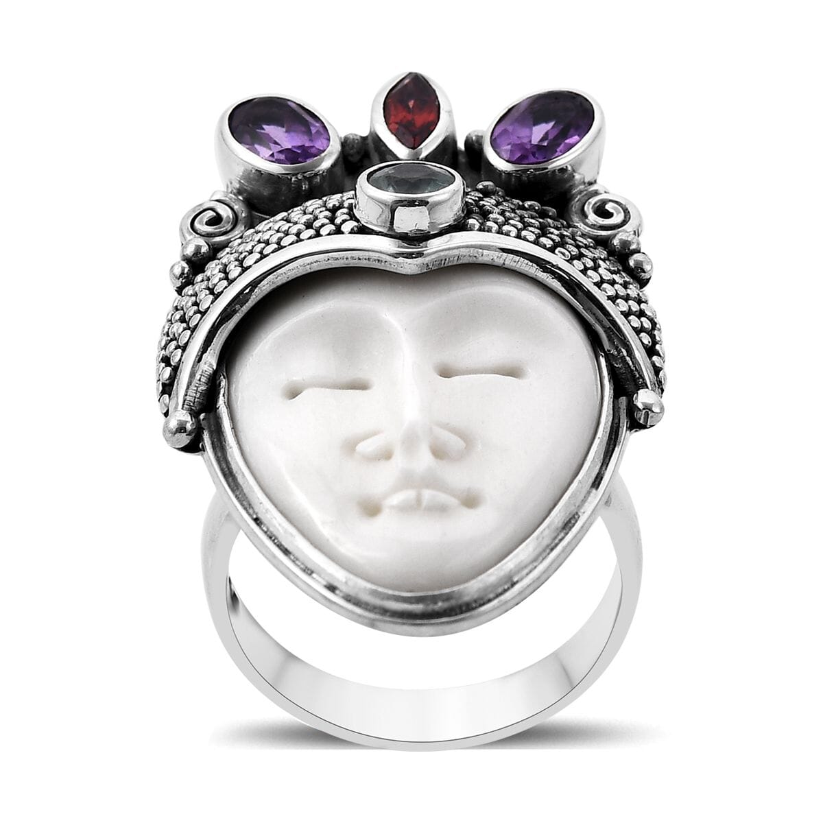 Bali Legacy Carved Bone and Multi Gemstone Ring in Sterling Silver 1.60 ctw image number 0