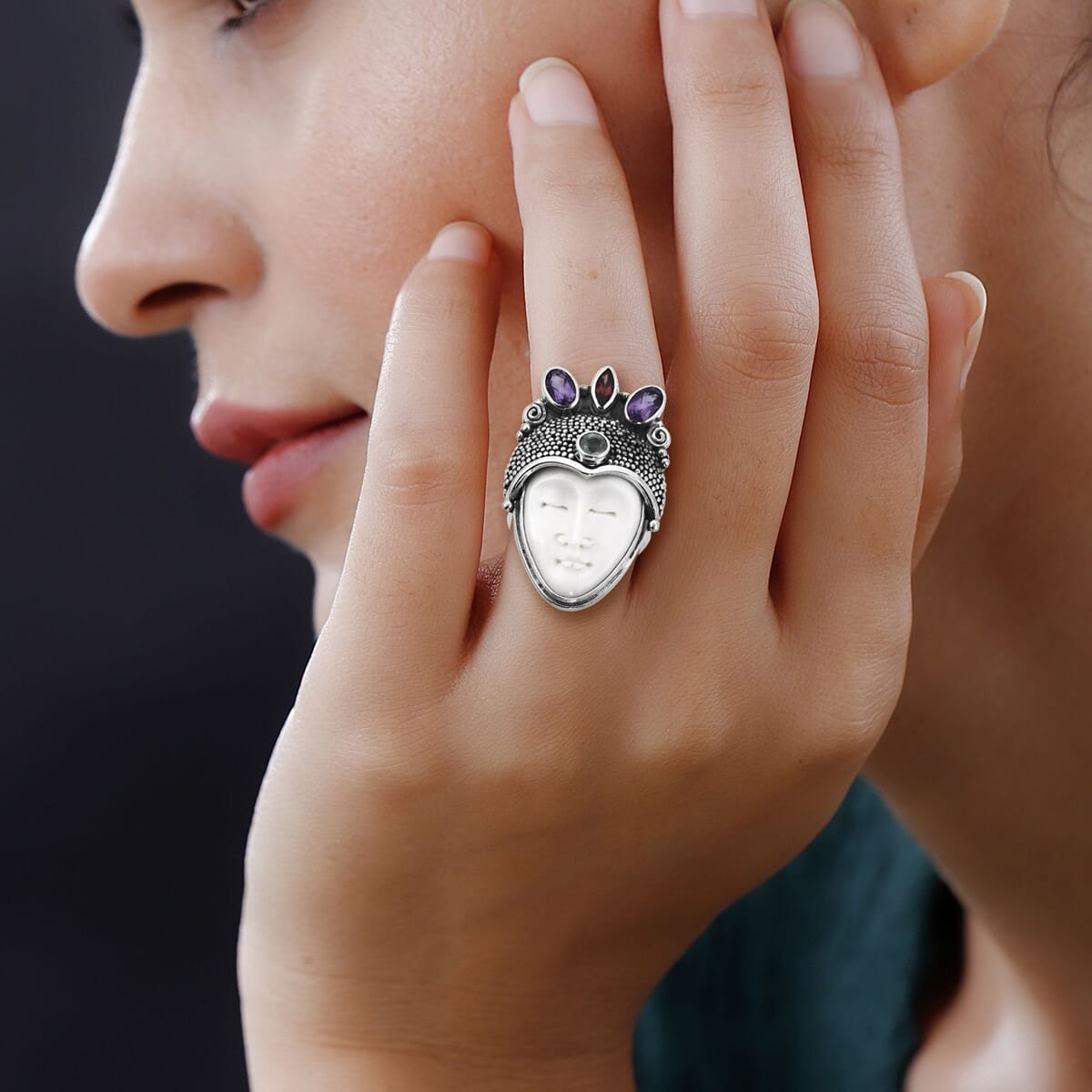 Bali Legacy Carved Bone and Multi Gemstone Ring in Sterling Silver 1.60 ctw image number 2