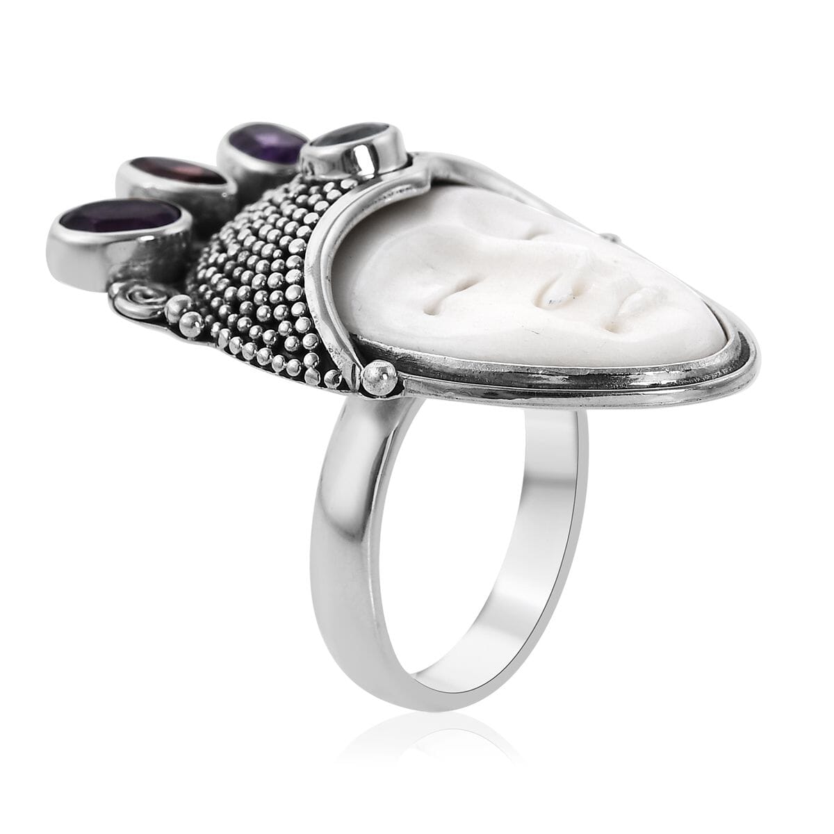 Bali Legacy Carved Bone and Multi Gemstone Ring in Sterling Silver 1.60 ctw image number 3