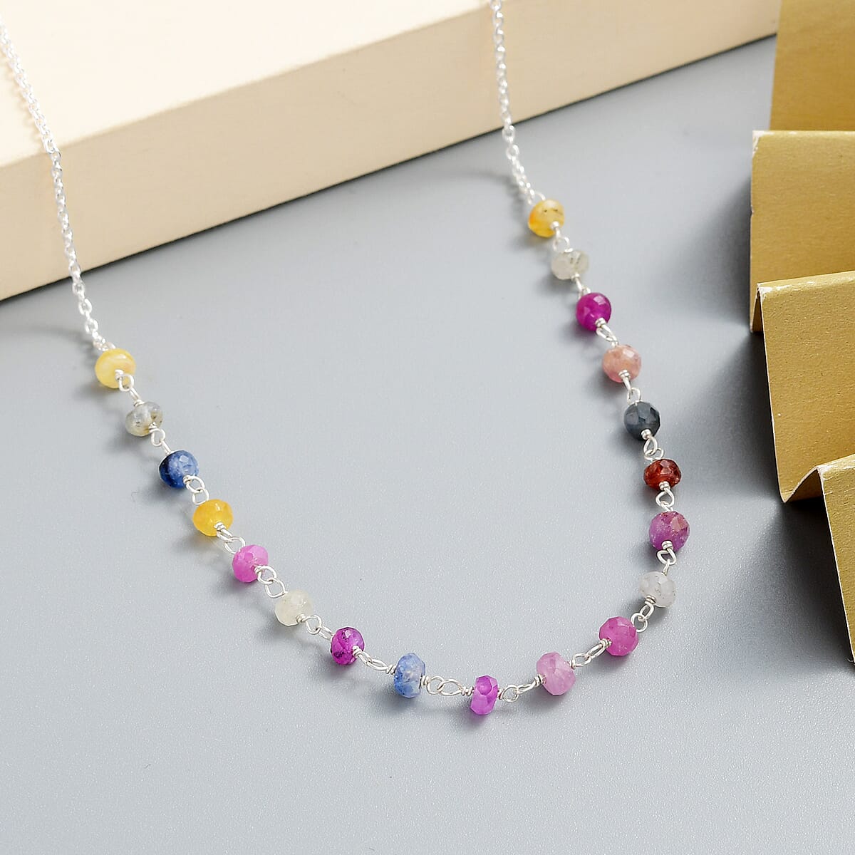 Multi Sapphire Beaded Necklace 18 Inches in Sterling Silver 5.10 ctw image number 1