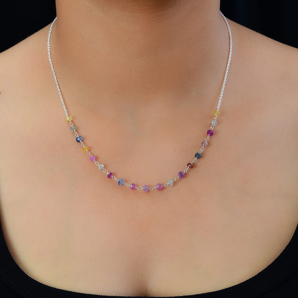 Multi Sapphire Beaded Necklace 18 Inches in Sterling Silver 5.10 ctw image number 2