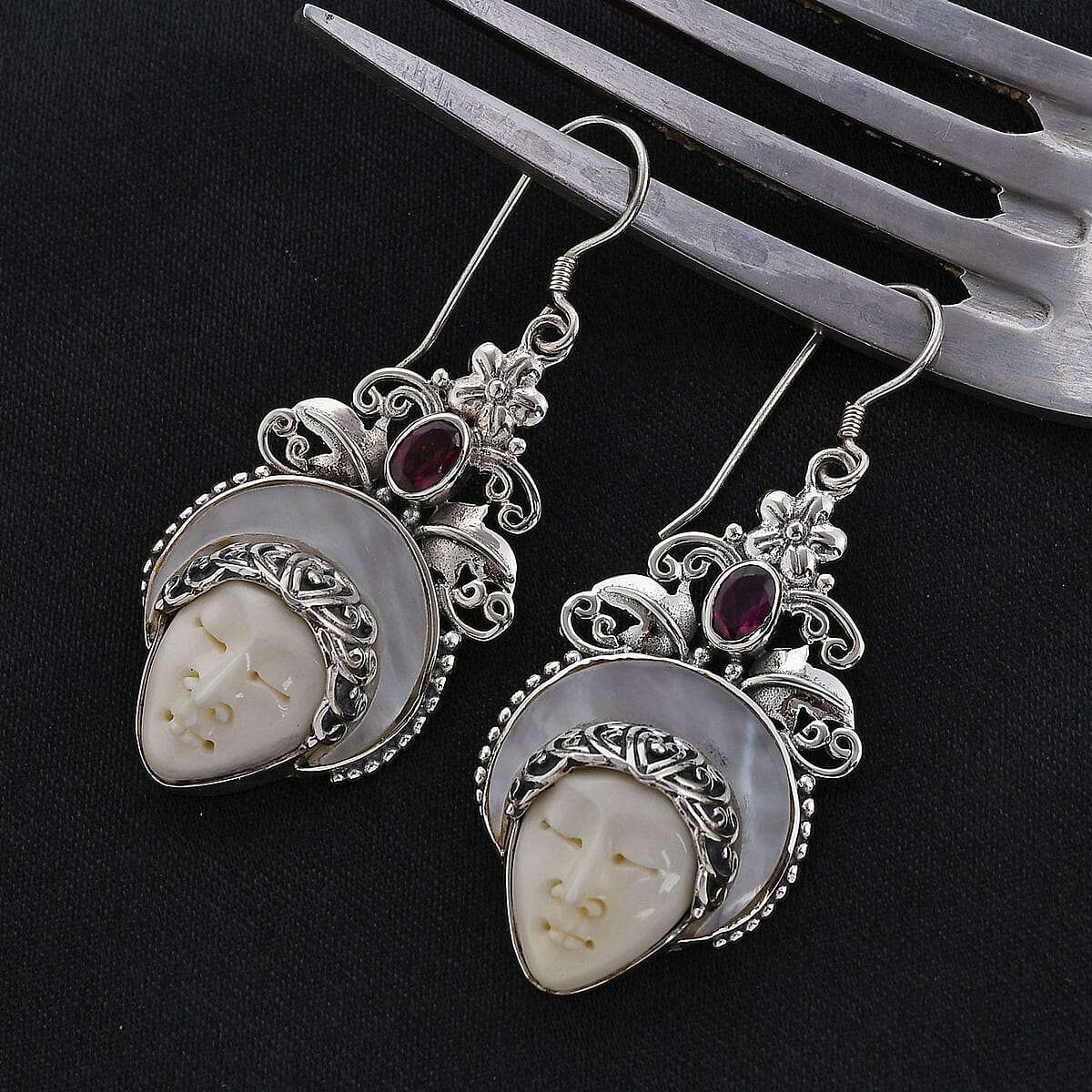 Bali Legacy Carved Bone and Multi Gemstone Earrings in Sterling Silver 4.60 ctw image number 1