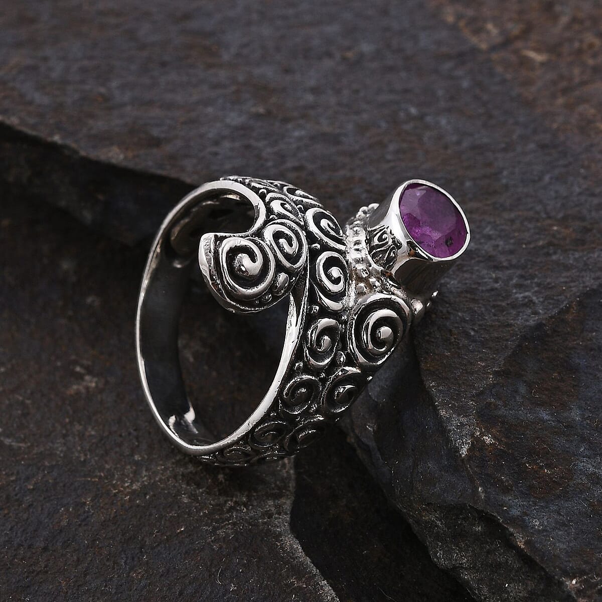 Bali Legacy Ilakaka Hot Pink Sapphire (FF) Floral Spiral Snake Ring in Sterling Silver (Size 7.0) 1.90 ctw image number 1