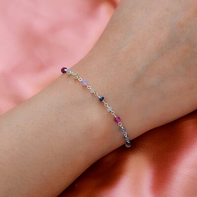 Multi Sapphire Beaded Bracelet in Sterling Silver (7.25 In) 6.00 ctw