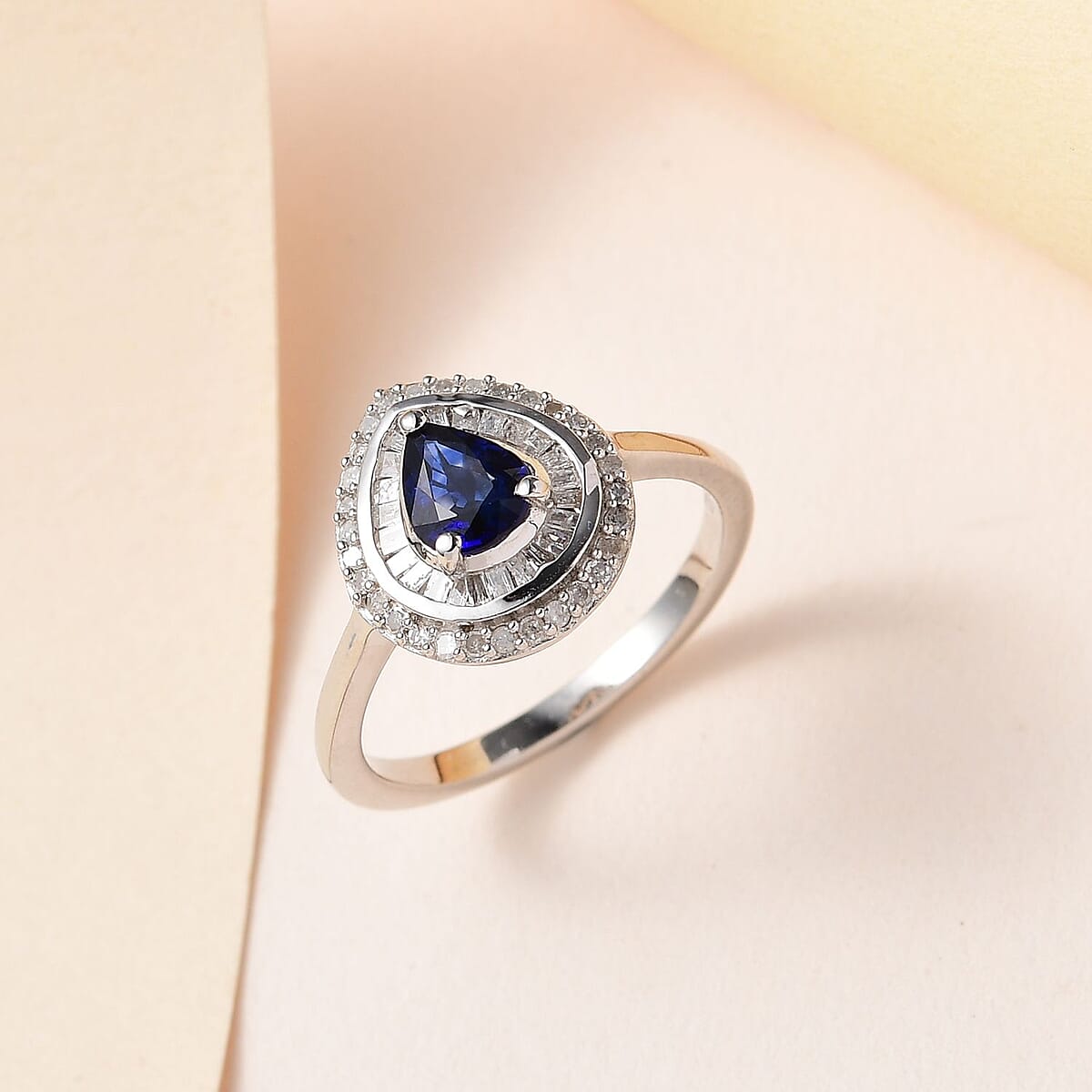 Premium Ceylon Blue Sapphire and Diamond 0.40 cts Double Halo Ring in Platinum Over Sterling Silver (Size 10.0) 1.00 ctw image number 1