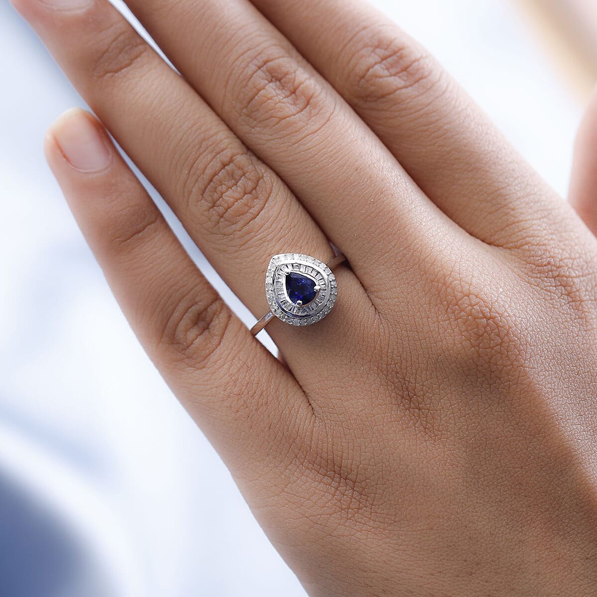 Premium Ceylon Blue Sapphire and Diamond Double Halo Ring in Platinum Over Sterling Silver (Size 9.0) 1.00 ctw image number 2