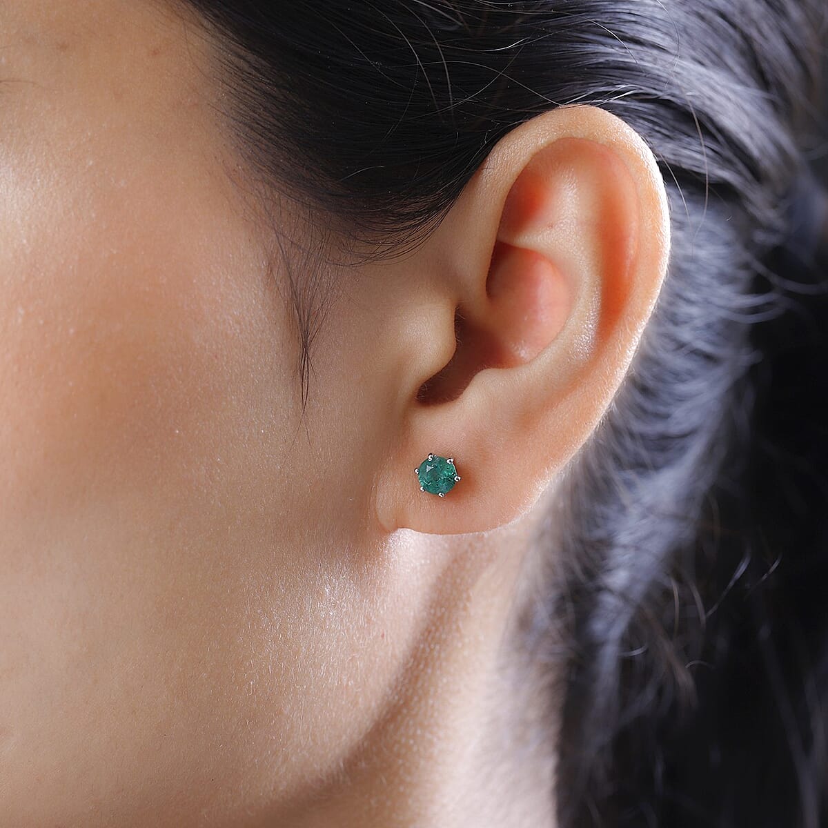 AAA Kagem Zambian Emerald Solitaire Stud Earrings in Platinum Over Sterling Silver 1.00 ctw image number 2