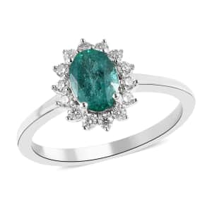 AAA Kagem Zambian Emerald and Moissanite Sunburst Ring in Platinum Over Sterling Silver (Size 10.0) 1.00 ctw