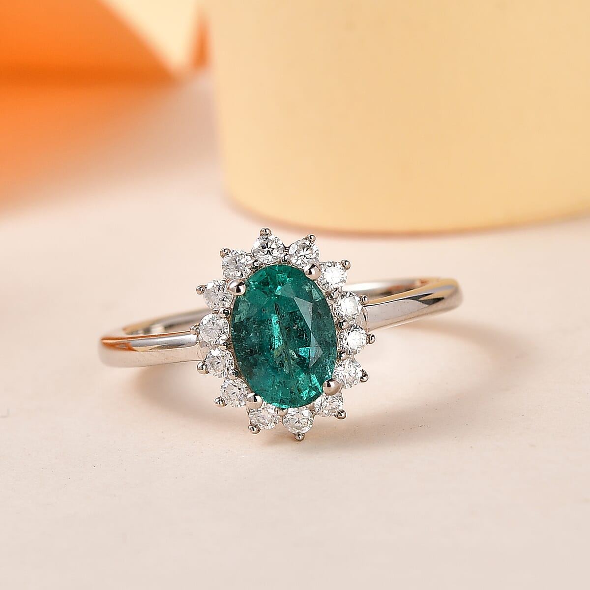 AAA Kagem Zambian Emerald and Moissanite Sunburst Ring in Platinum Over Sterling Silver (Size 10.0) 1.00 ctw image number 1