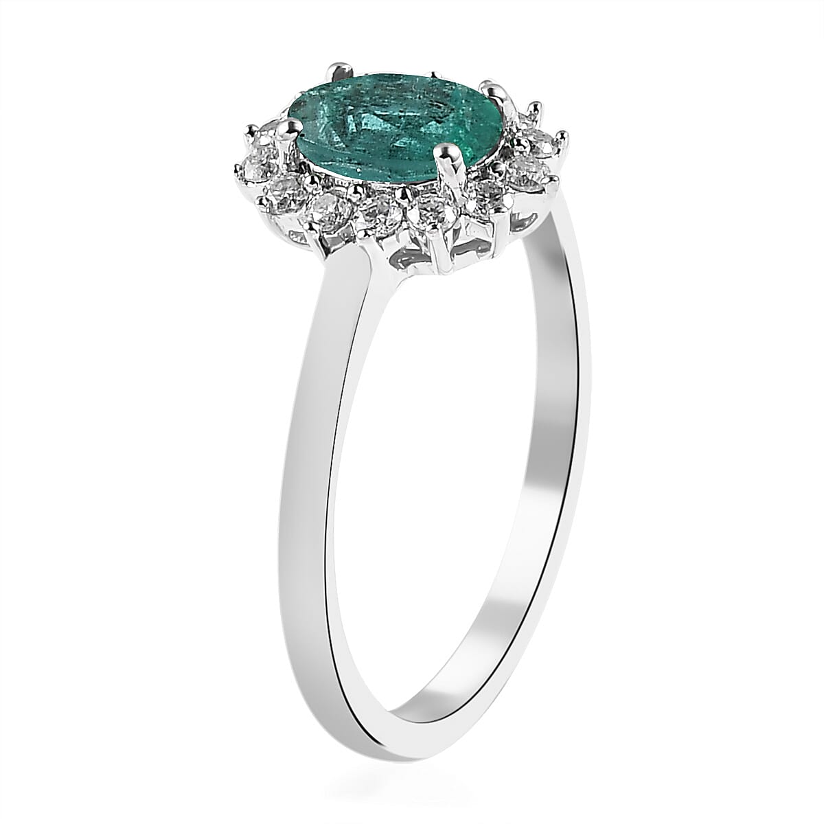 AAA Kagem Zambian Emerald and Moissanite Sunburst Ring in Platinum Over Sterling Silver (Size 10.0) 1.00 ctw image number 3