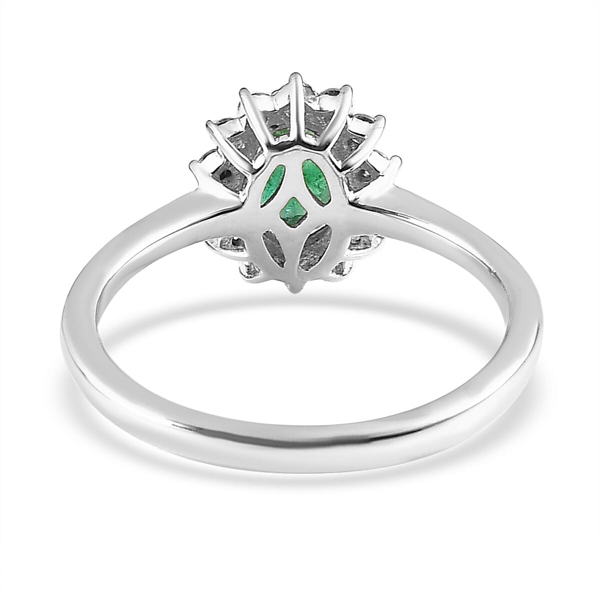 AAA Kagem Zambian Emerald and Moissanite Sunburst Ring in Platinum Over Sterling Silver (Size 10.0) 1.00 ctw image number 4