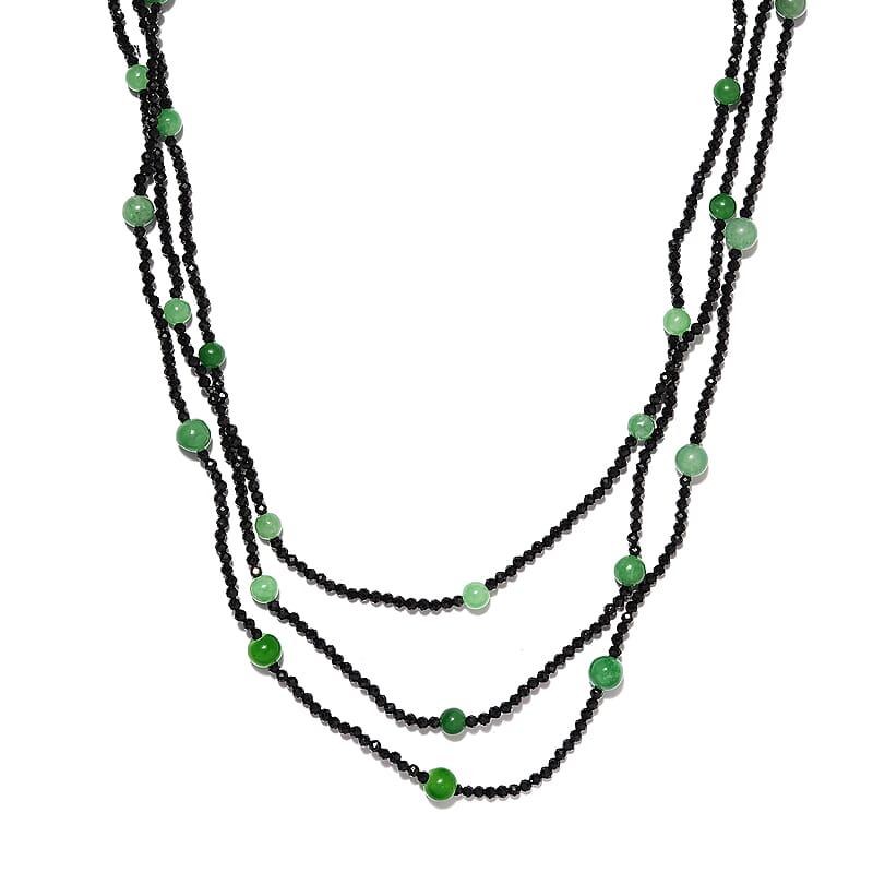 Thai Black Spinel, Green Jade (D) Beaded Necklace 20 Inches in Sterling Silver 118.80 ctw