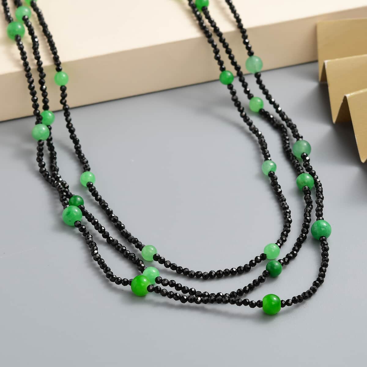 Thai Black Spinel, Green Jade Beaded Necklace 20 Inches in Sterling Silver 118.80 ctw image number 1