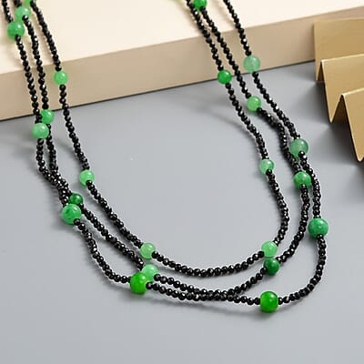 Thai Black Spinel, Green Jade (D) Beaded Necklace 20 Inches in Sterling Silver 118.80 ctw