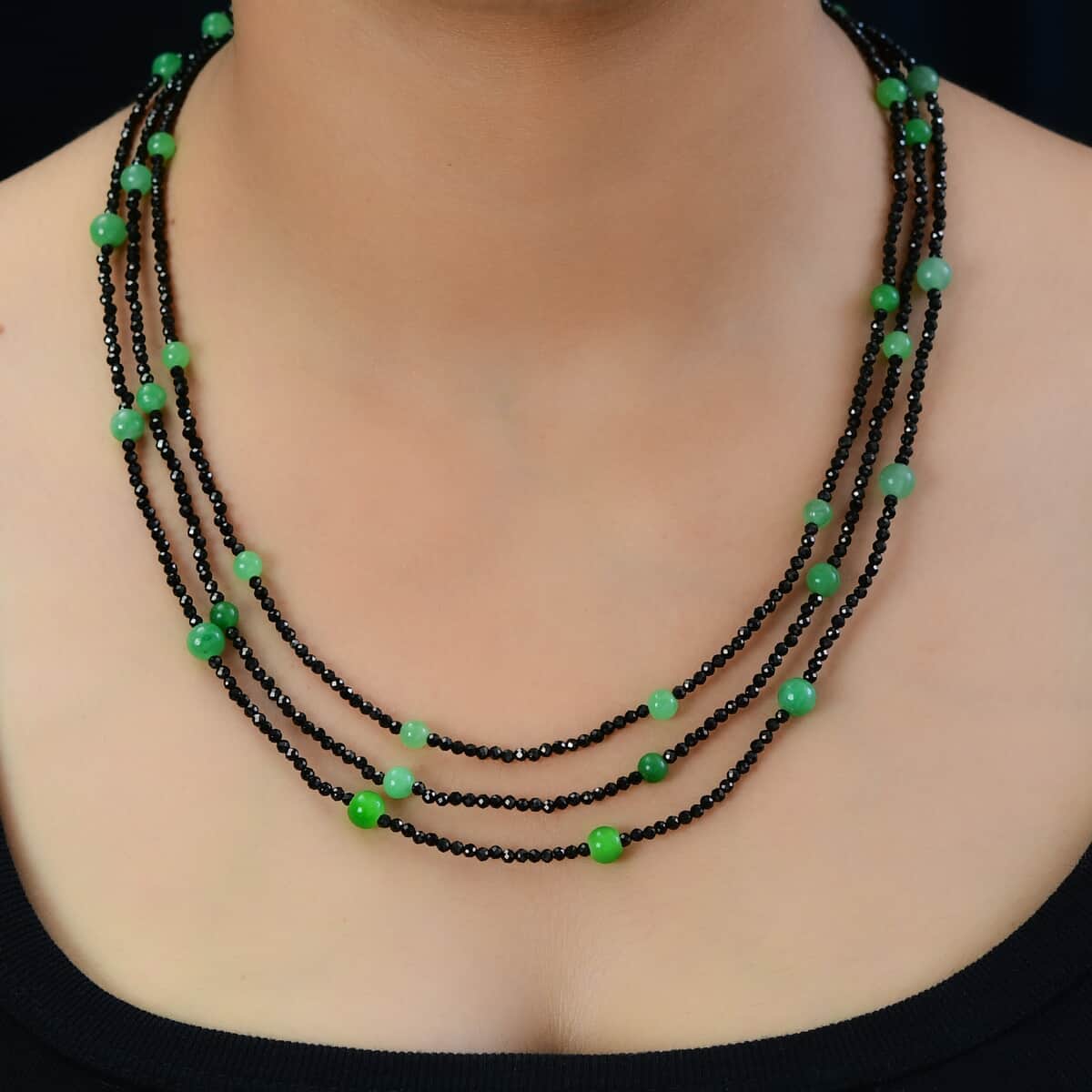 Thai Black Spinel, Green Jade Beaded Necklace 20 Inches in Sterling Silver 118.80 ctw image number 2