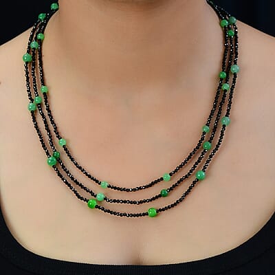 Thai Black Spinel, Green Jade (D) Beaded Necklace 20 Inches in Sterling Silver 118.80 ctw