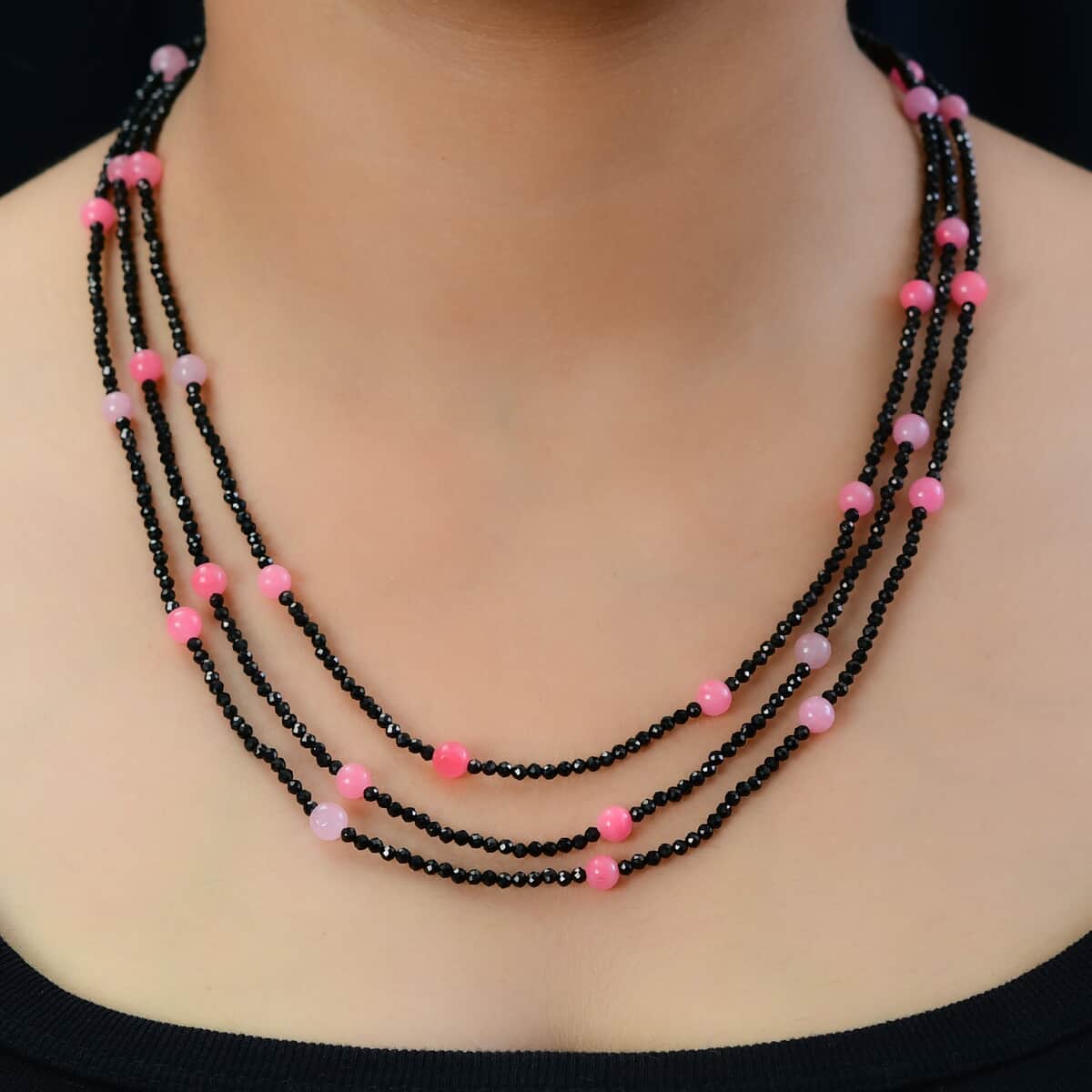 Thai Black Spinel and Pink Jade (D) Beaded Necklace 20 Inches in Sterling Silver 124.30 ctw image number 2