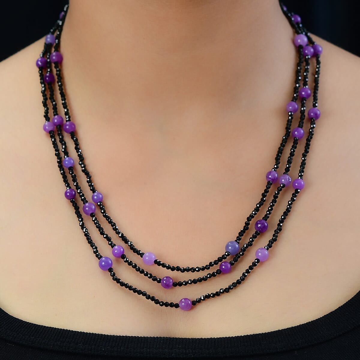 Thai Black Spinel and Purple Jade (D) Beaded Necklace 20 Inches in Sterling Silver 119.30 ctw image number 2