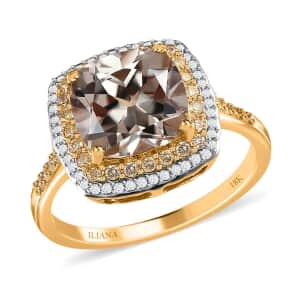 Iliana 18K Yellow Gold AAA Turkizite and SI Natural Yellow and White Diamond Double Halo Ring (Size 7.0) 4 Grams 4.60 ctw