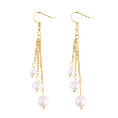White Freshwater Pearl Dangle Earrings in Silvertone