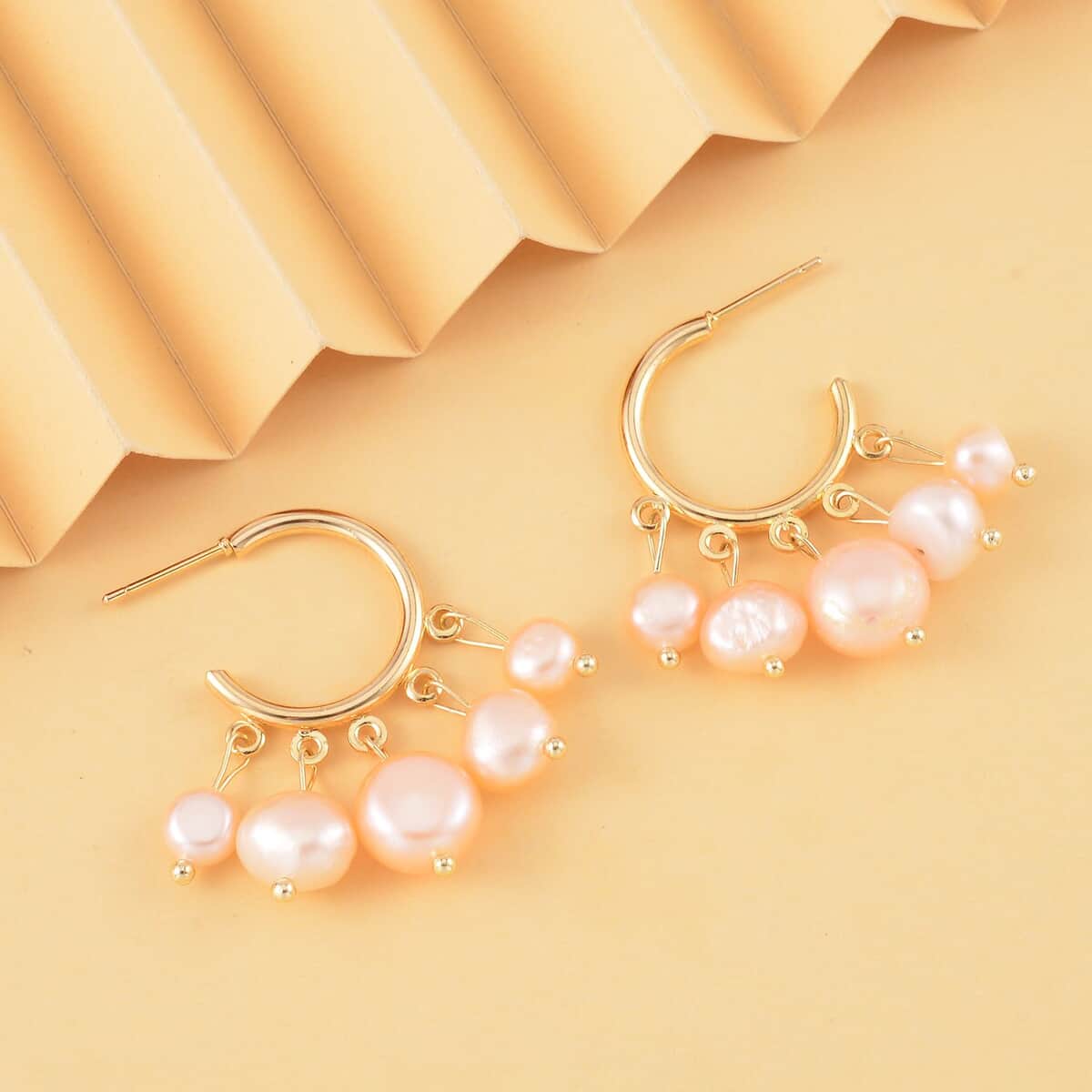 Peach Freshwater Pearl Hoop Earrings in Goldtone image number 1