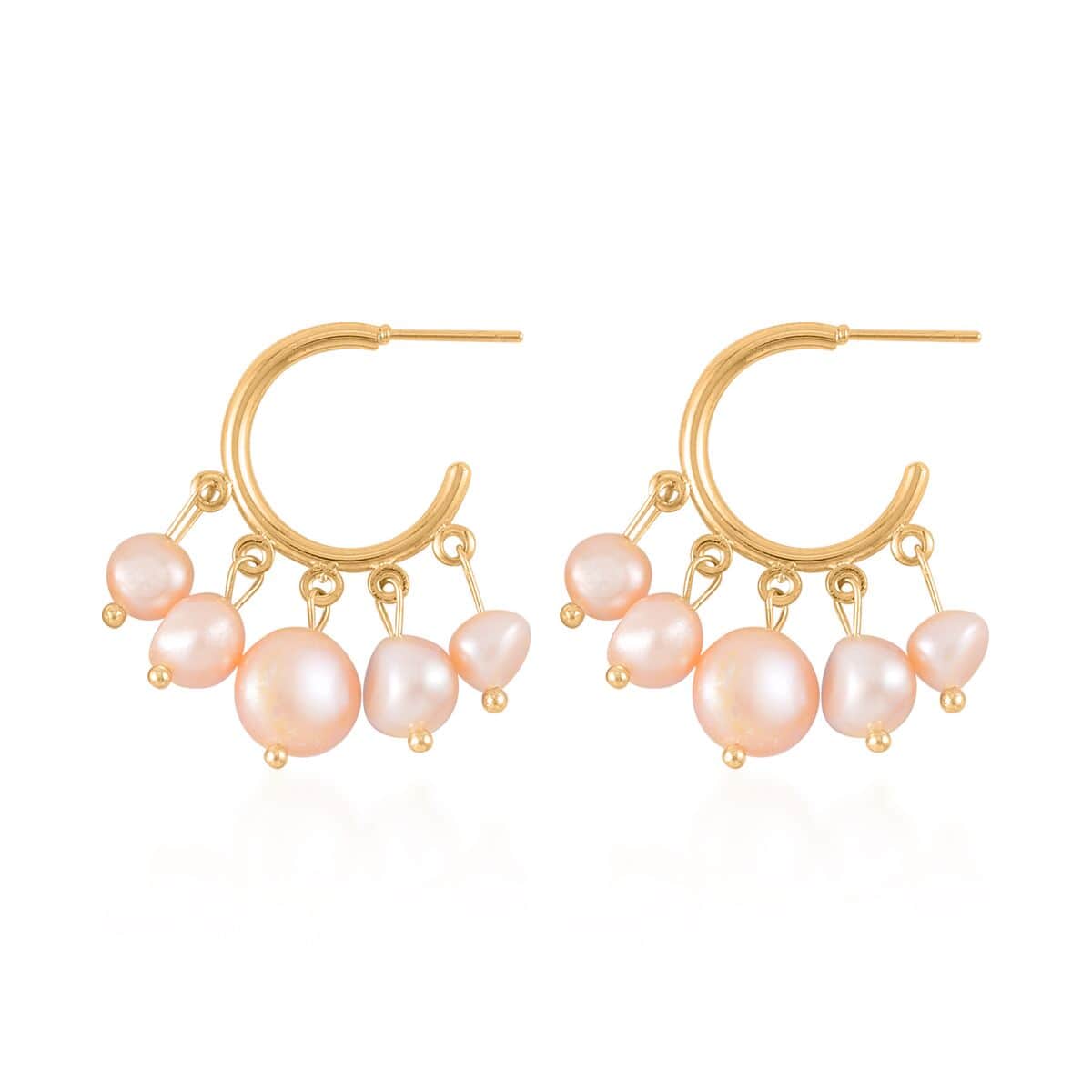 Peach Freshwater Pearl Hoop Earrings in Goldtone image number 3