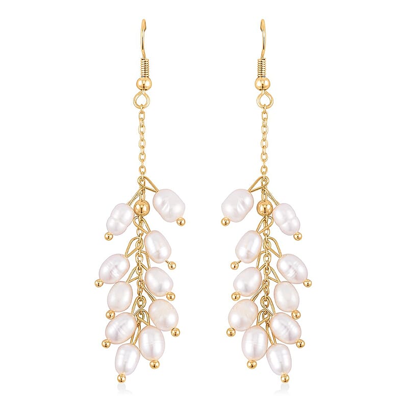 White Freshwater Pearl Dangle Earrings in Goldtone